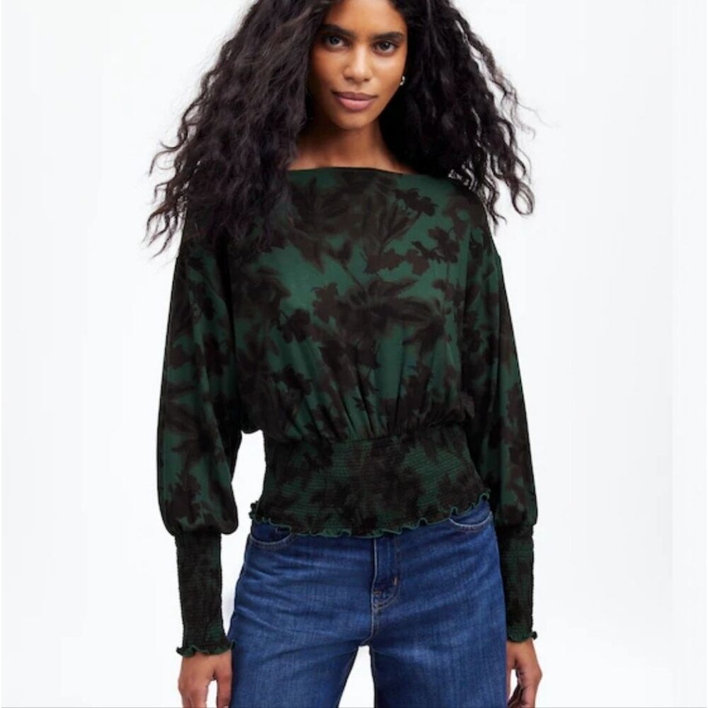 Madewell Cinched Long-Sleeve Top Green Floral XL Luxury Forest Green Smocked